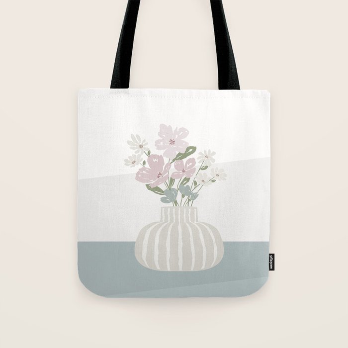 Wildflower Bouquet In Vase Illustration - Beige Muted Pink And Dusty Green Flowers Tote Bag