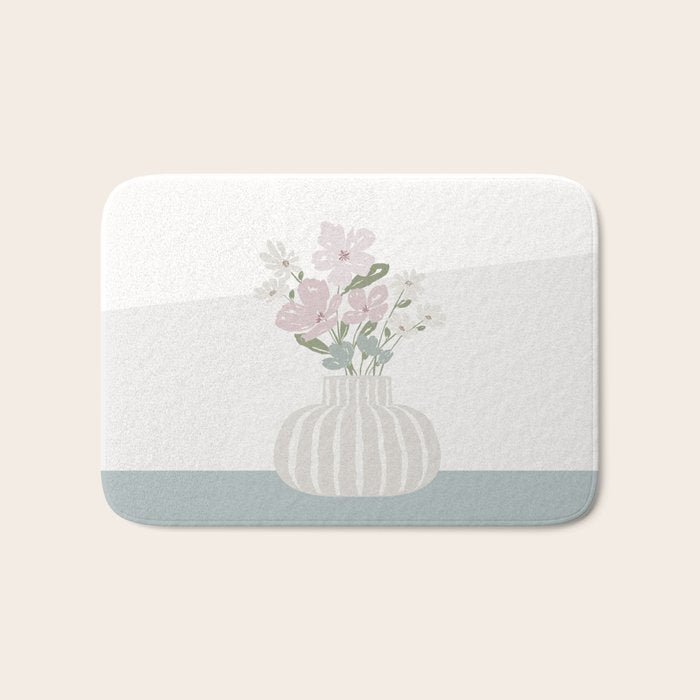 Wildflower Bouquet In Vase Illustration - Beige Muted Pink And Dusty Green Flowers Bath Mat