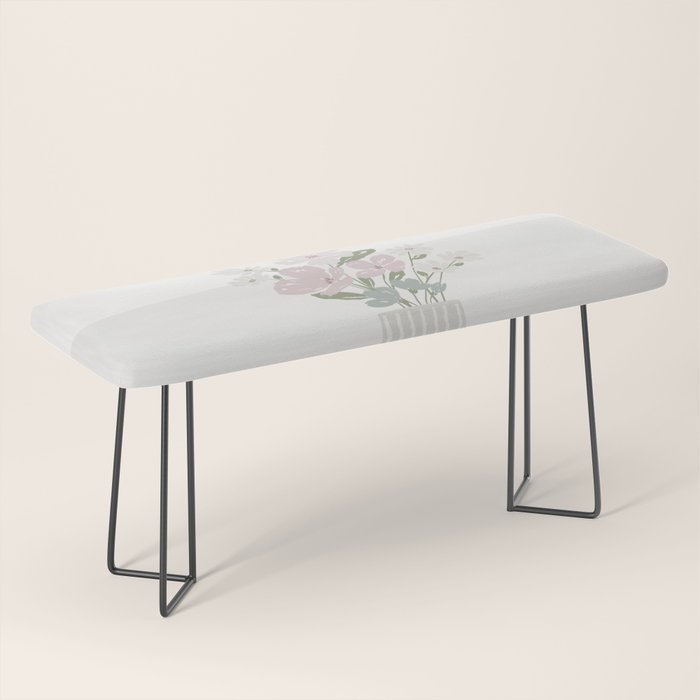 Wildflower Bouquet In Vase Illustration - Beige Muted Pink And Dusty Green Flowers Bench