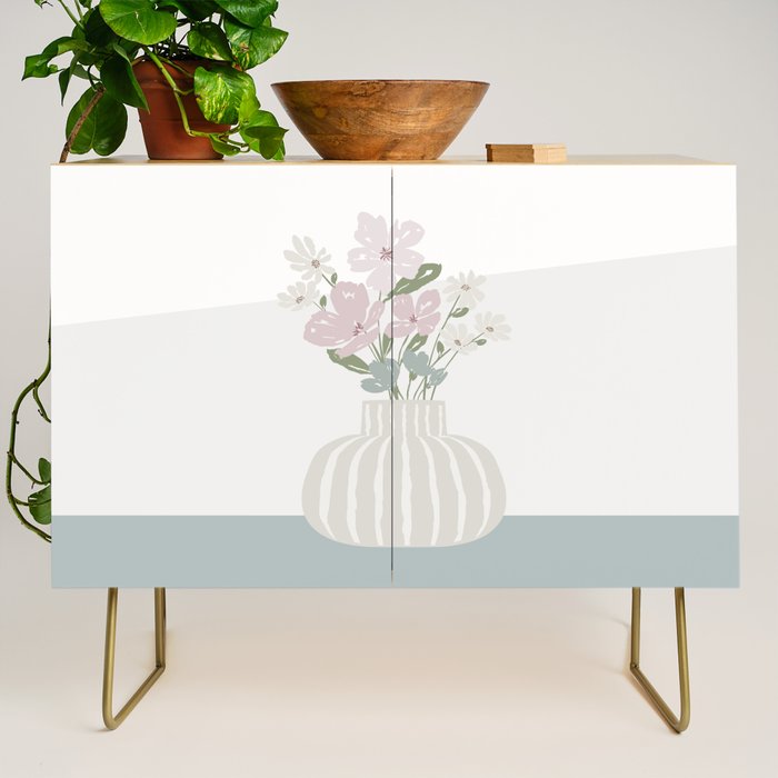 Wildflower Bouquet In Vase Illustration - Beige Muted Pink And Dusty Green Flowers Credenza