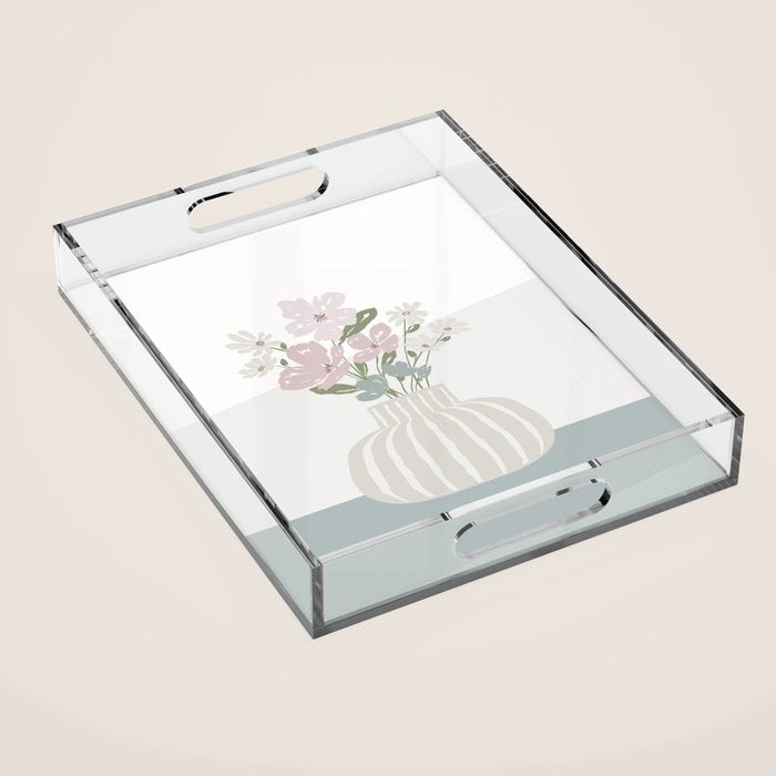 Wildflower Bouquet In Vase Illustration - Beige Muted Pink And Dusty Green Flowers Acrylic Tray