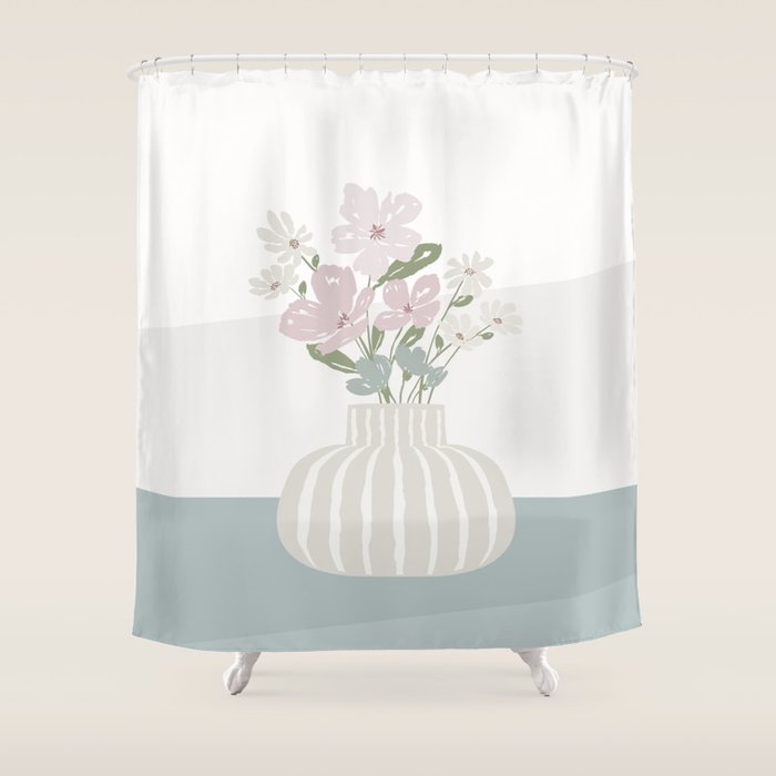 Wildflower Bouquet In Vase Illustration - Beige Muted Pink And Dusty Green Flowers Shower Curtain