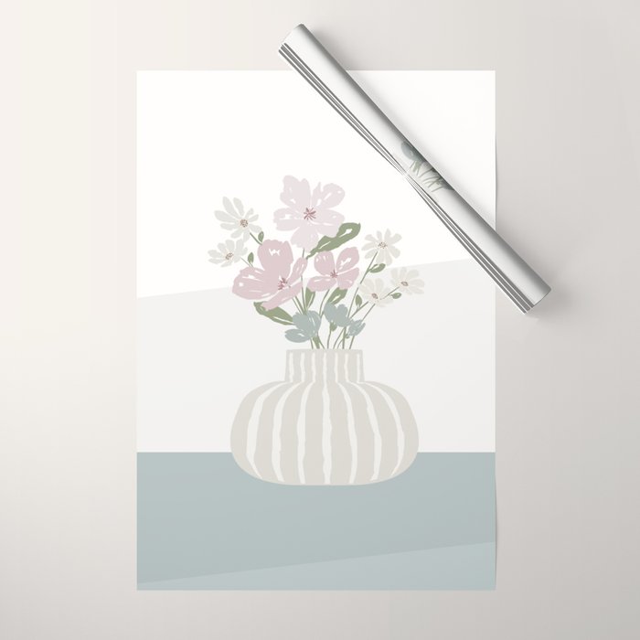Wildflower Bouquet In Vase Illustration - Beige Muted Pink And Dusty Green Flowers Wrapping Paper