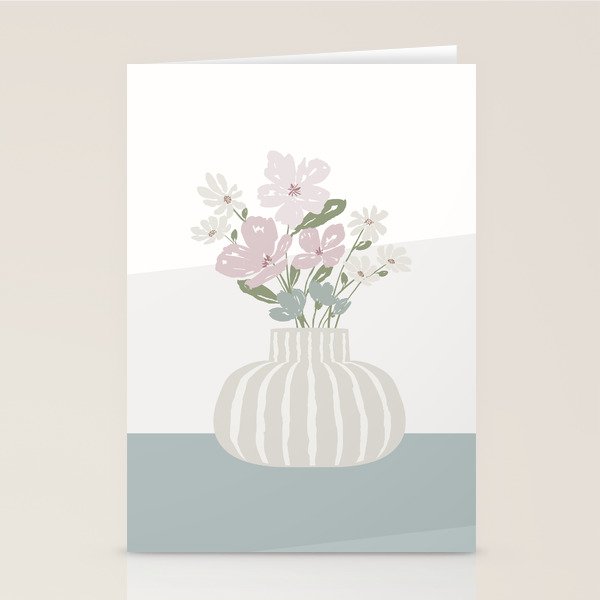 Wildflower Bouquet In Vase Illustration - Beige Muted Pink And Dusty Green Flowers Stationery Card