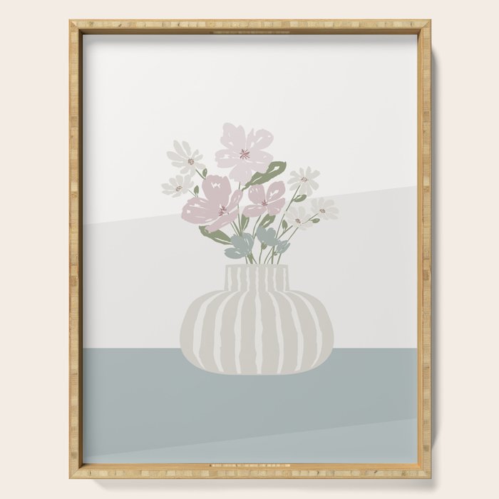 Wildflower Bouquet In Vase Illustration - Beige Muted Pink And Dusty Green Flowers Serving Tray
