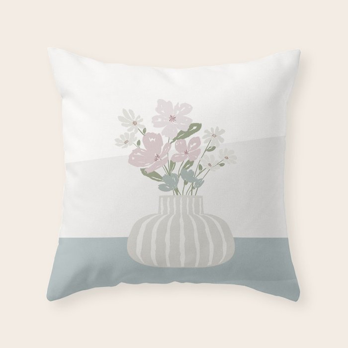 Wildflower Bouquet In Vase Illustration - Beige Muted Pink And Dusty Green Flowers Throw Pillow