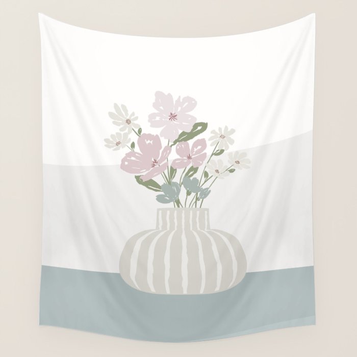Wildflower Bouquet In Vase Illustration - Beige Muted Pink And Dusty Green Flowers Wall Tapestry