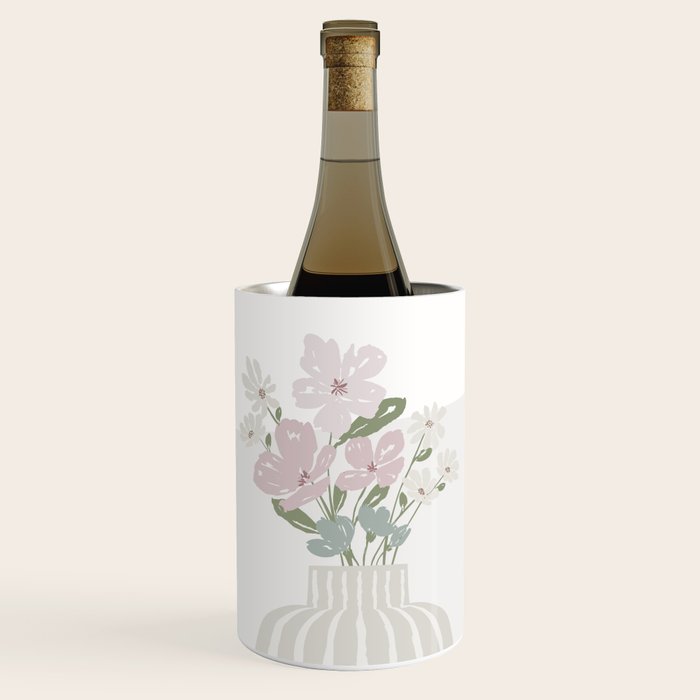 Wildflower Bouquet In Vase Illustration - Beige Muted Pink And Dusty Green Flowers Wine Chiller