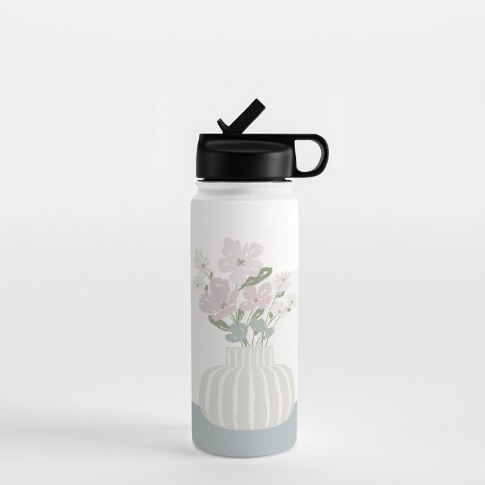 Wildflower Bouquet In Vase Illustration - Beige Muted Pink And Dusty Green Flowers Water Bottle