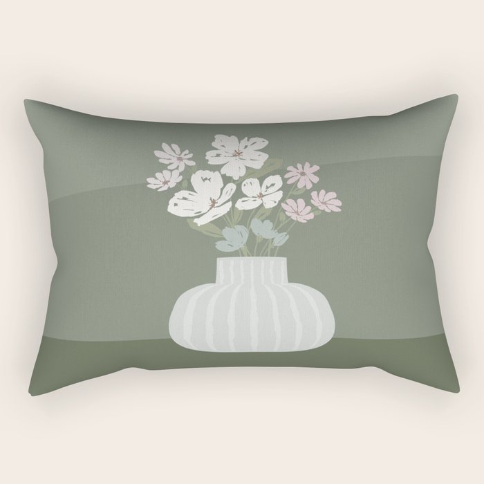 Wildflower Bouquet In Vase Illustration - Muted Pink, Beige And Sage Green Flowers  Rectangular Pillow