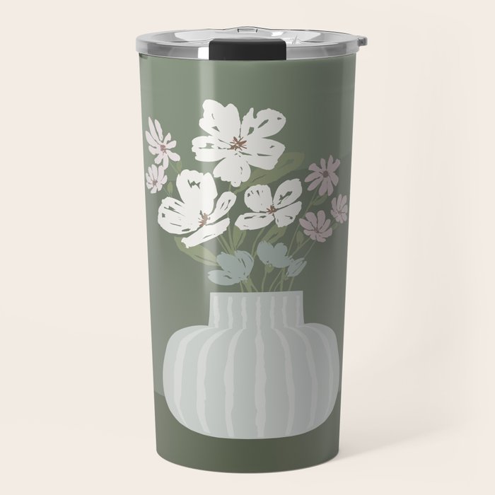 Wildflower Bouquet In Vase Illustration - Muted Pink, Beige And Sage Green Flowers  Travel Mug