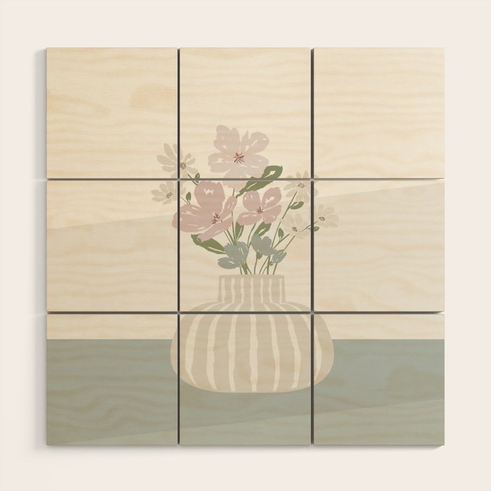 Wildflower Bouquet In Vase Illustration - Beige Muted Pink And Dusty Green Flowers Wood Wall Art