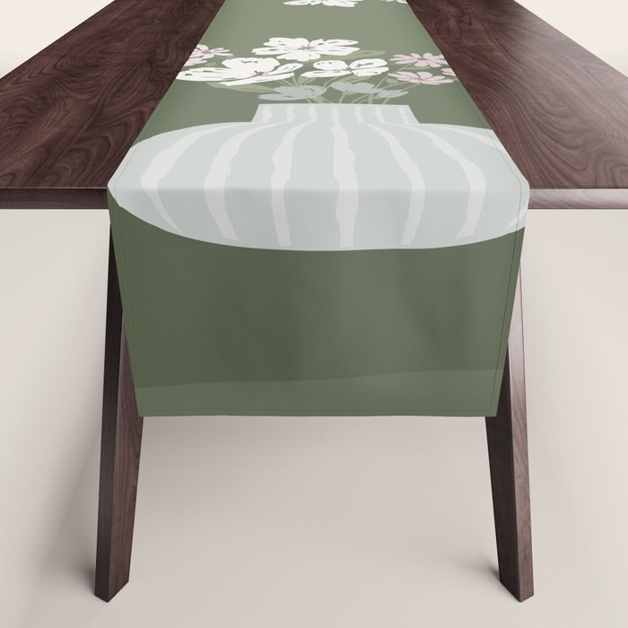 Wildflower Bouquet In Vase Illustration - Muted Pink, Beige And Sage Green Flowers  Table Runner