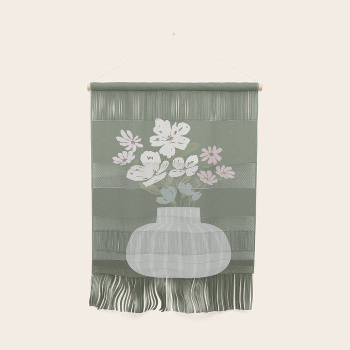 Wildflower Bouquet In Vase Illustration - Muted Pink, Beige And Sage Green Flowers  Wall Hanging