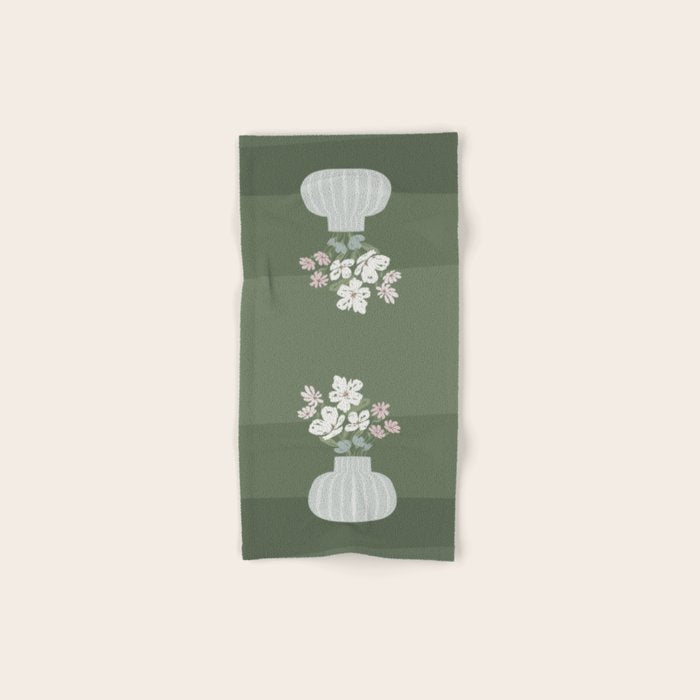 Wildflower Bouquet In Vase Illustration - Muted Pink, Beige And Sage Green Flowers  Bath Towel