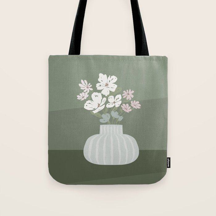 Wildflower Bouquet In Vase Illustration - Muted Pink, Beige And Sage Green Flowers  Tote Bag
