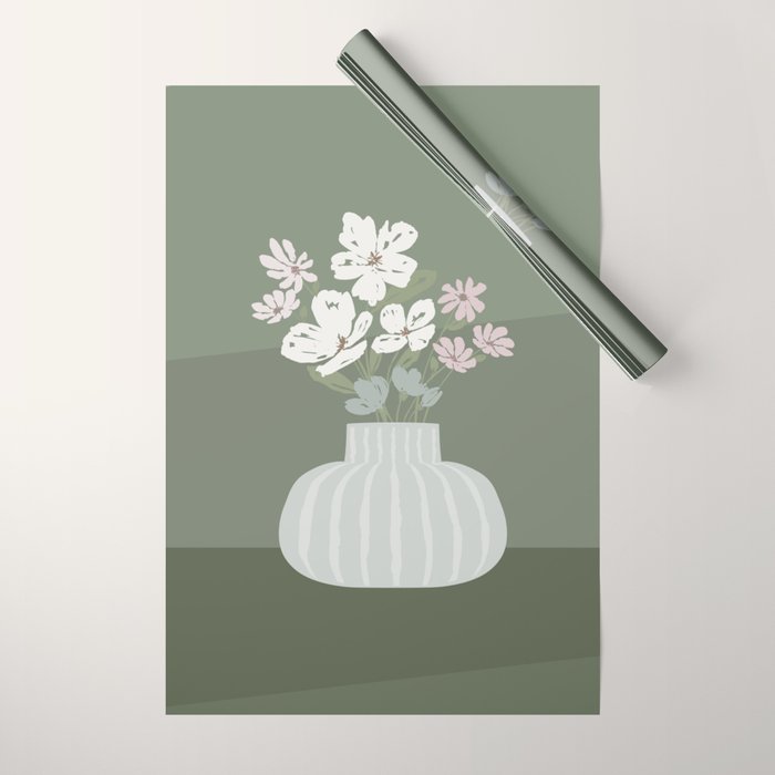 Wildflower Bouquet In Vase Illustration - Muted Pink, Beige And Sage Green Flowers  Wrapping Paper
