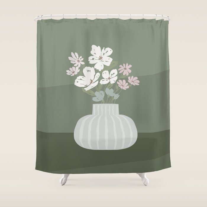 Wildflower Bouquet In Vase Illustration - Muted Pink, Beige And Sage Green Flowers  Shower Curtain