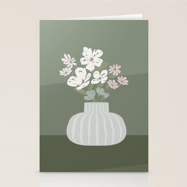 Wildflower Bouquet In Vase Illustration - Muted Pink, Beige And Sage Green Flowers  Stationery Card