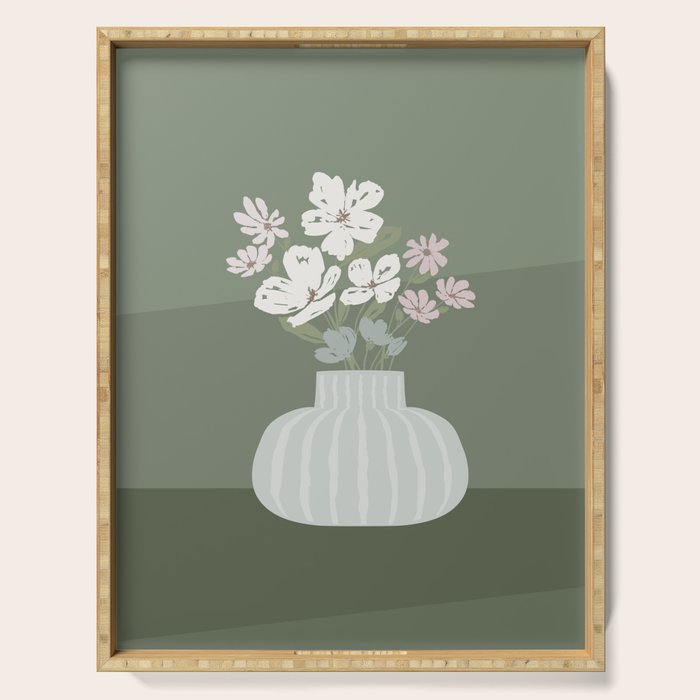 Wildflower Bouquet In Vase Illustration - Muted Pink, Beige And Sage Green Flowers  Serving Tray