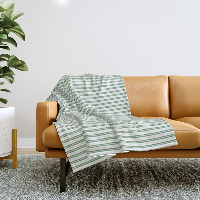 Fern Green And White Micro Vertical Vintage English Country Cottage Ticking Stripe Throw Blanket