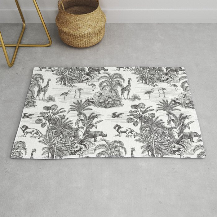 Tropical Toile De Jouy Exotic Safari Lion & Giraffe Rug