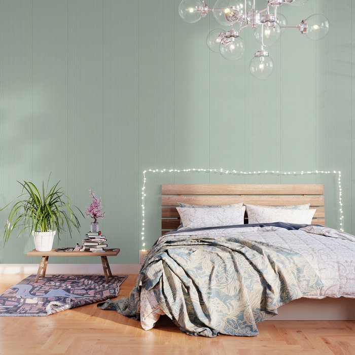 Fern Green And White Micro Vertical Vintage English Country Cottage Ticking Stripe Wallpaper