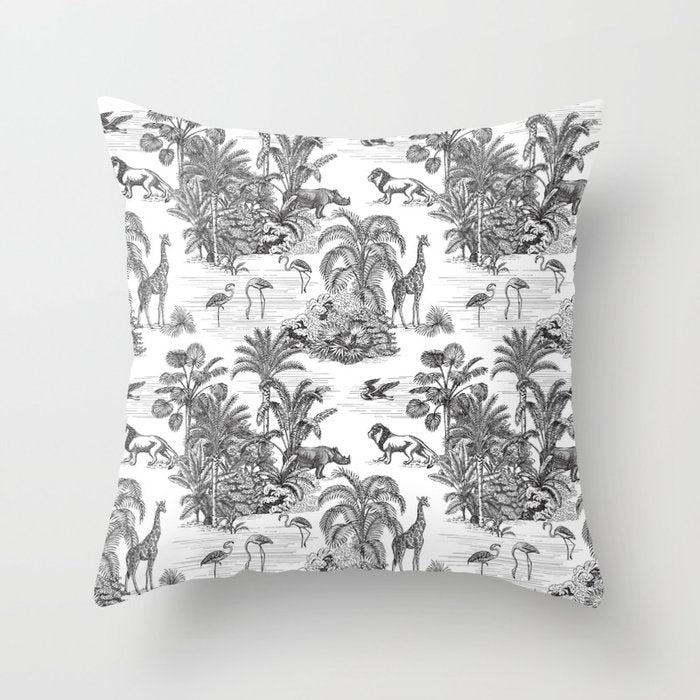 Tropical Toile De Jouy Exotic Safari Lion & Giraffe Throw Pillow