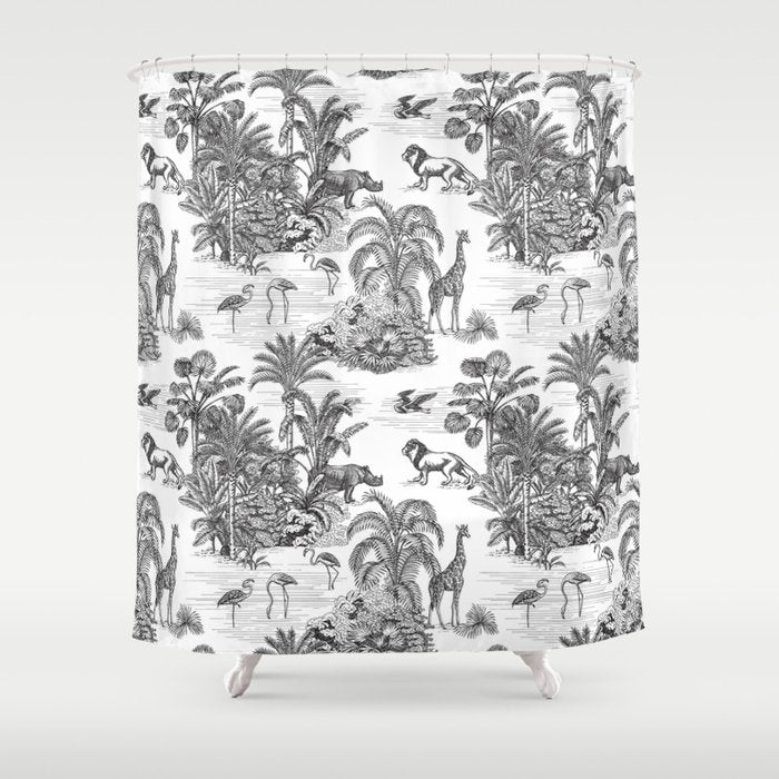 Tropical Toile De Jouy Exotic Safari Lion & Giraffe Shower Curtain