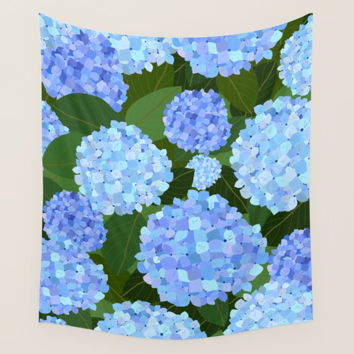 Light Blue Hydrangeas, Preppy Modern Flowers, Botanical, Floral Wall Tapestry