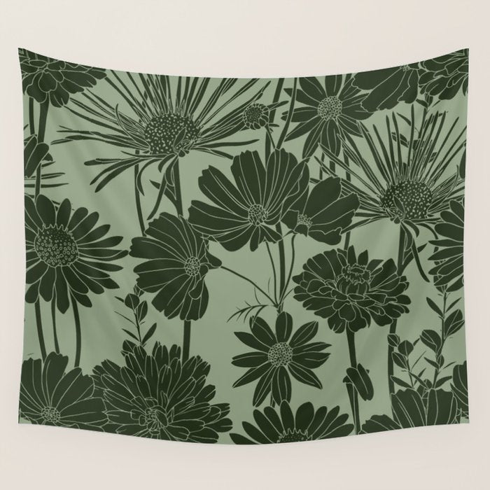 Floral Prints, Dark Green, Colour Prints Wall Tapestry