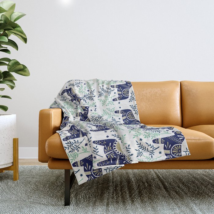 Swedish Dala Horse - Navy & Mint Palette Throw Blanket