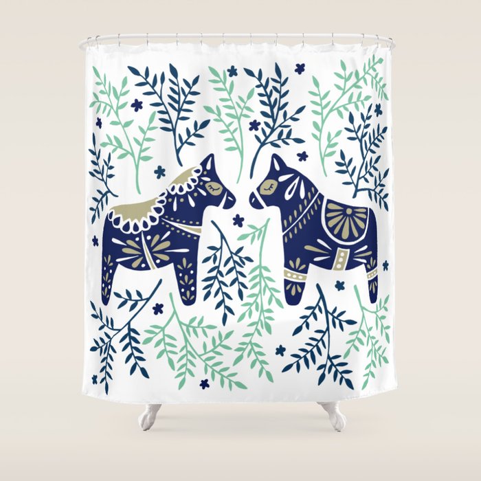 Swedish Dala Horse - Navy & Mint Palette Shower Curtain