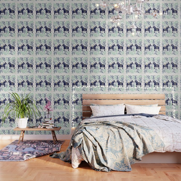 Swedish Dala Horse - Navy & Mint Palette Wallpaper