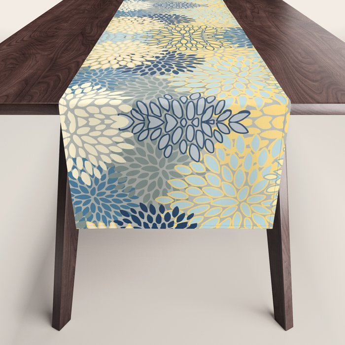 Floral Print, Yellow, Gray, Blue, Teal Table Runner