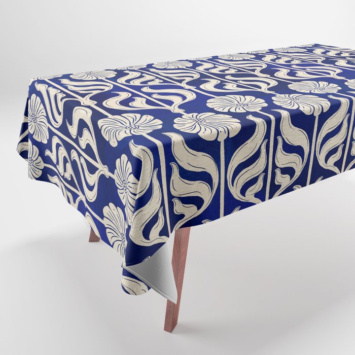 Art Deco Florals On Dark Blue Tablecloth