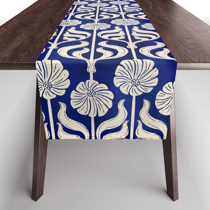 Art Deco Florals On Dark Blue Table Runner
