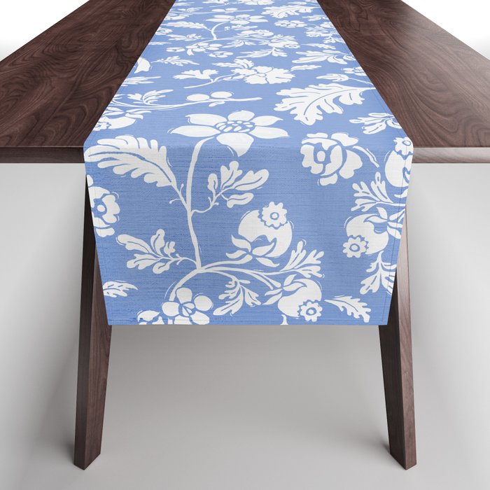 Vintage Style Chintz Florals On Blue Table Runner