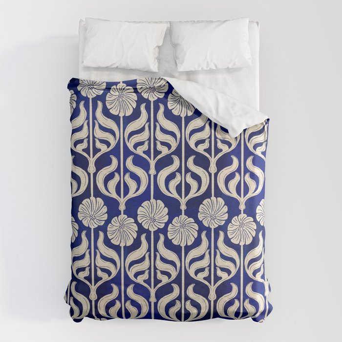 Art Deco Florals On Dark Blue Duvet Cover