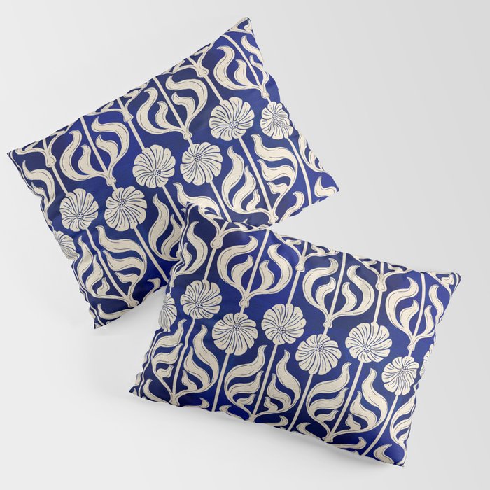 Art Deco Florals On Dark Blue Pillow Sham