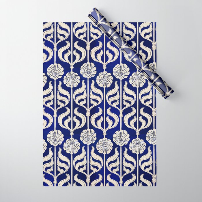 Art Deco Florals On Dark Blue Wrapping Paper