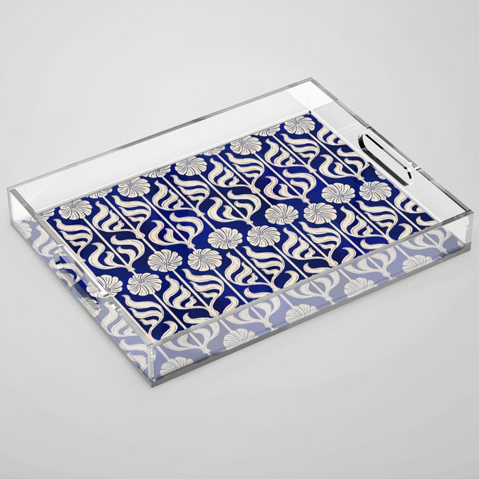 Art Deco Florals On Dark Blue Acrylic Tray