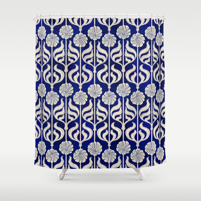 Art Deco Florals On Dark Blue Shower Curtain