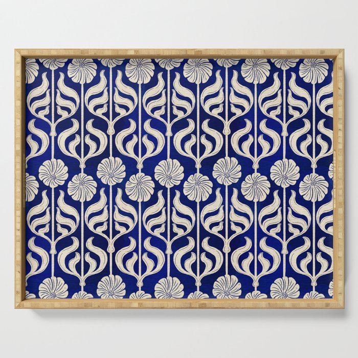 Art Deco Florals On Dark Blue Serving Tray