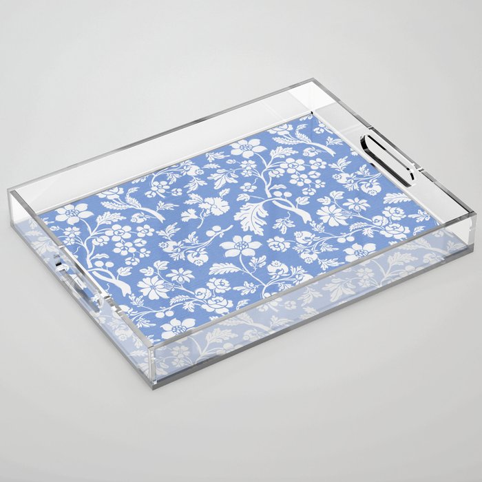 Vintage Style Chintz Florals On Blue Acrylic Tray