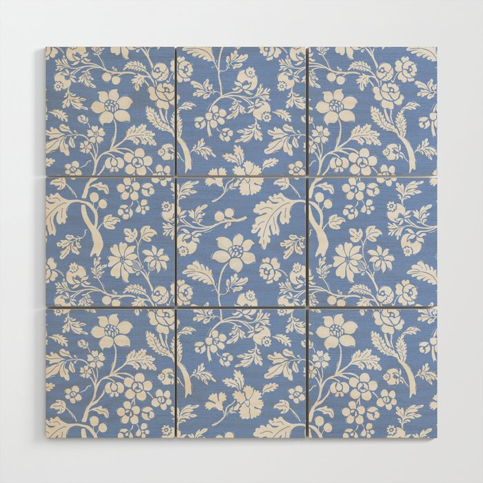 Vintage Style Chintz Florals On Blue Wood Wall Art