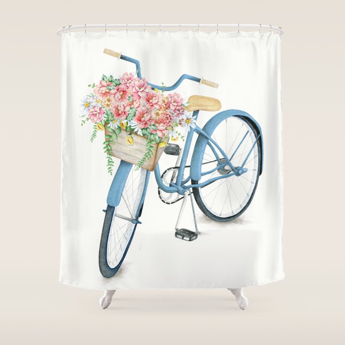 Blue Bicycle With Flowers In Basket Shower Curtain