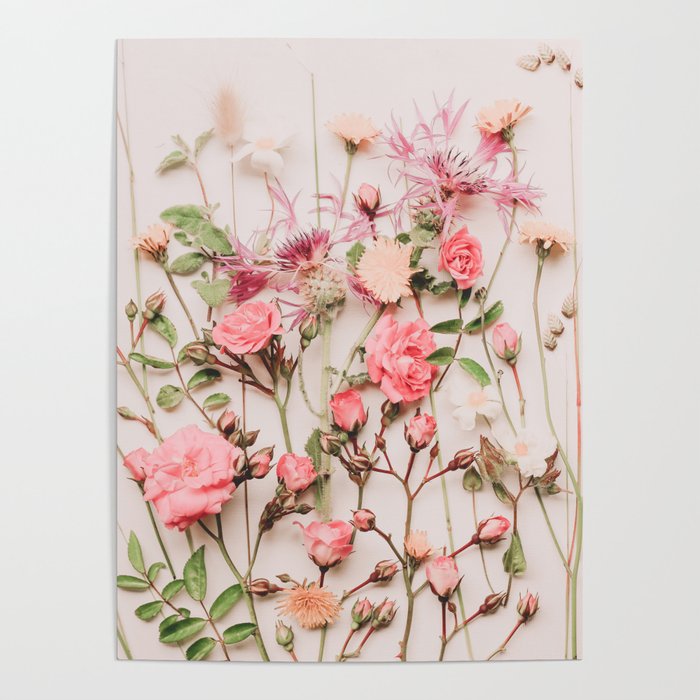 Flowers - Pastel Wildflowers And Pink Roses - Flat Lay Florals Poster