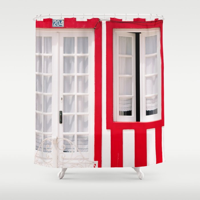 Red Stripes Beach House - Window - Door - Travel Photography Shower Curtain