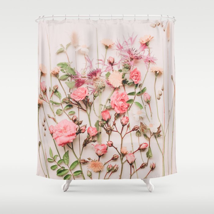 Flowers - Pastel Wildflowers And Pink Roses - Flat Lay Florals Shower Curtain